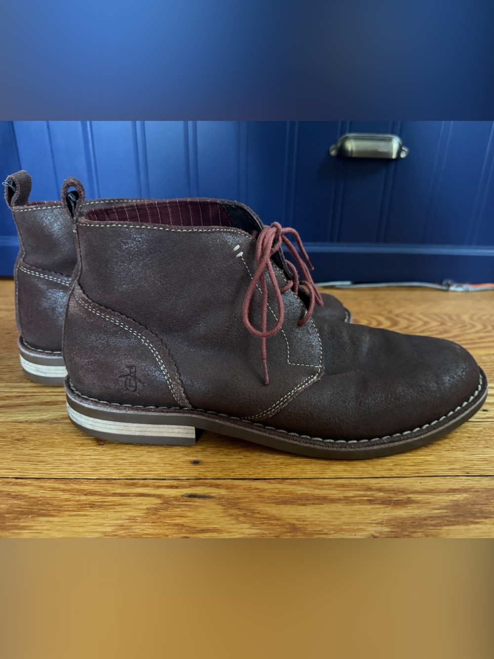 Original Penguin Men's Dark Brown Suede Chukka Boots with Red Laces